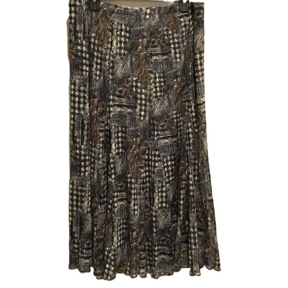 NWOT Simonton Says A-Line Midi Skirt Rustic Abstract Print Brown Black L - Picture 2 of 10